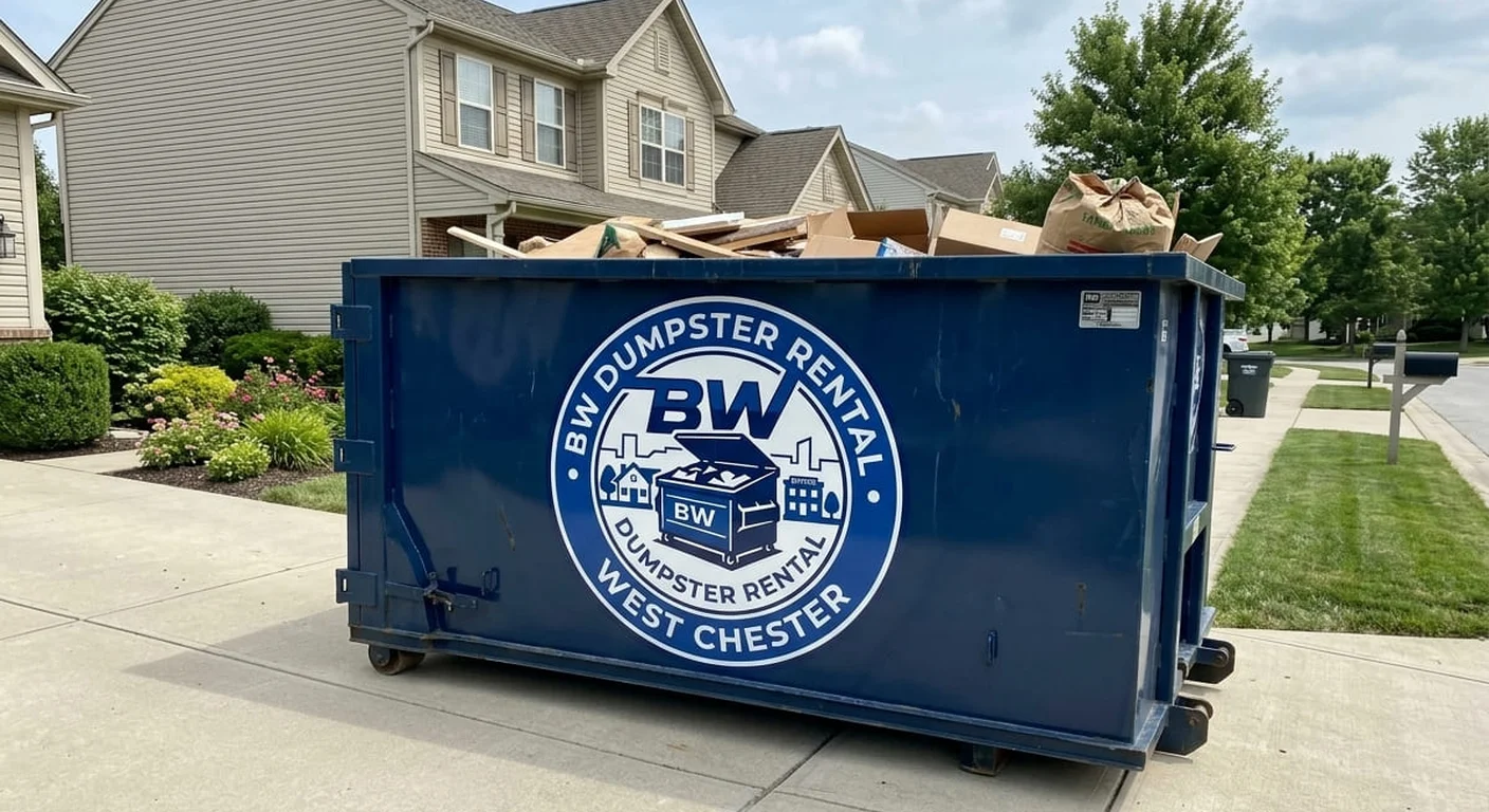 15 Yard Dumpster Rental in West Chester, PA A BW Dumpster Rental West Chester dumpster staged on a residential driveway with a full load