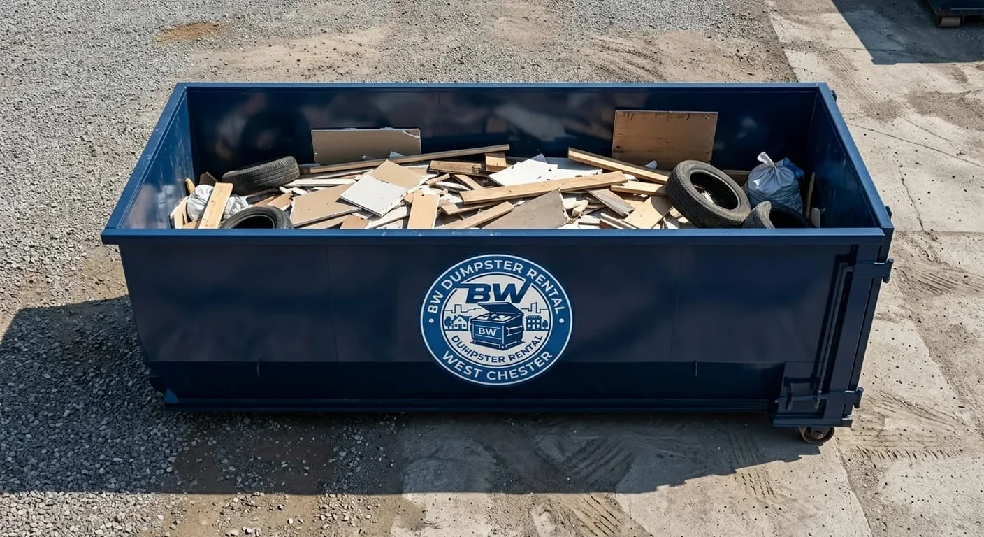 20 Yard Dumpster Rental in West Chester, PA A BW Dumpster Rental West Chester blue dumpster staged at a construction site