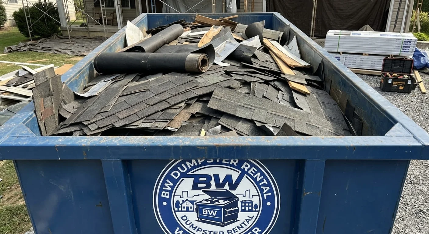 30 Yard Dumpster Rental in West Chester, PA A BW Dumpster Rental West Chester dumpster loaded with roofing tear-off debris in front of a home