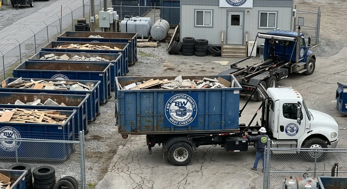 A BW Dumpster Rental West Chester roll-off dumpster staged at the company yard among other containers