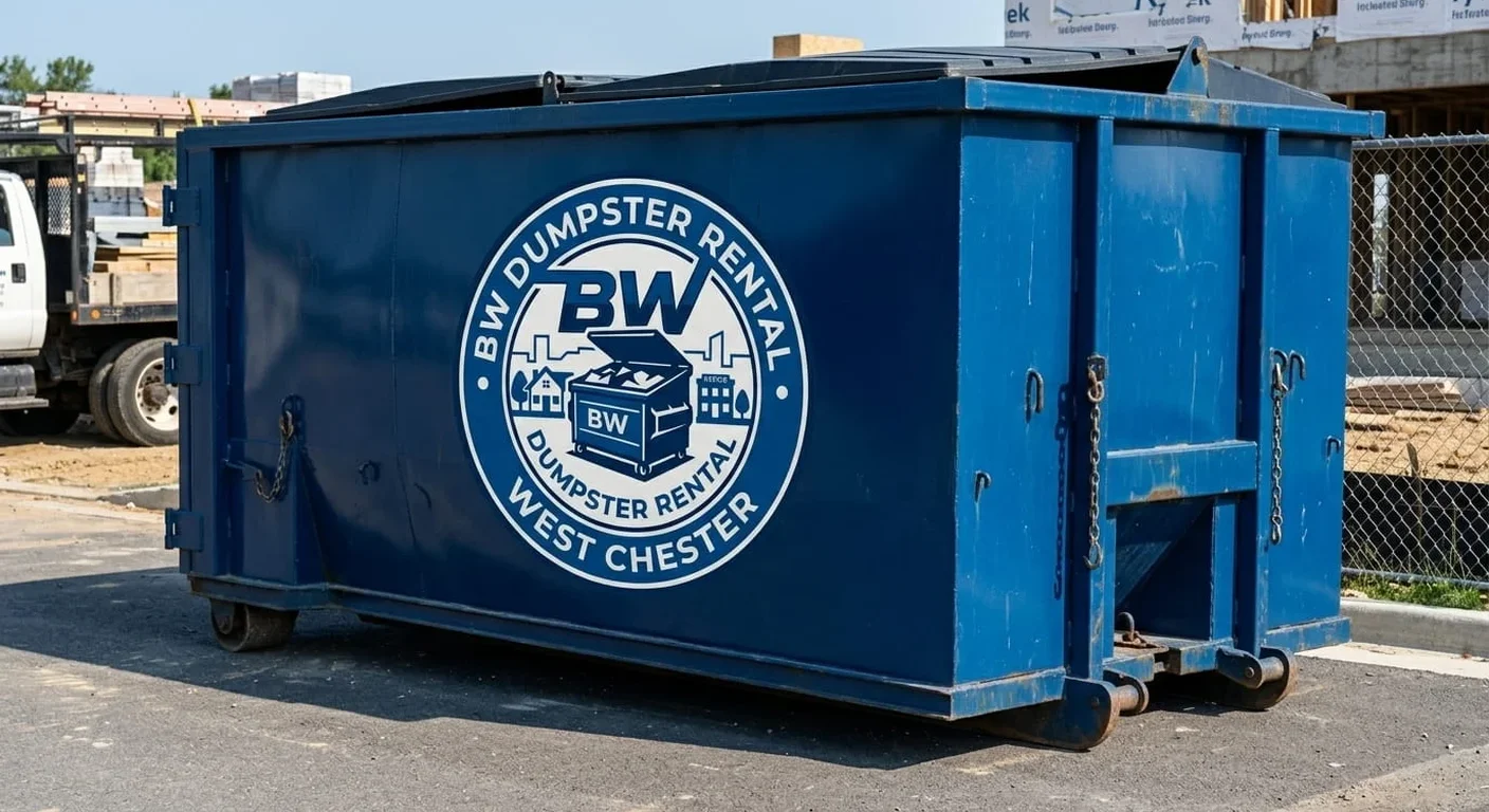 A BW Dumpster Rental West Chester dumpster loaded with construction debris on a job site
