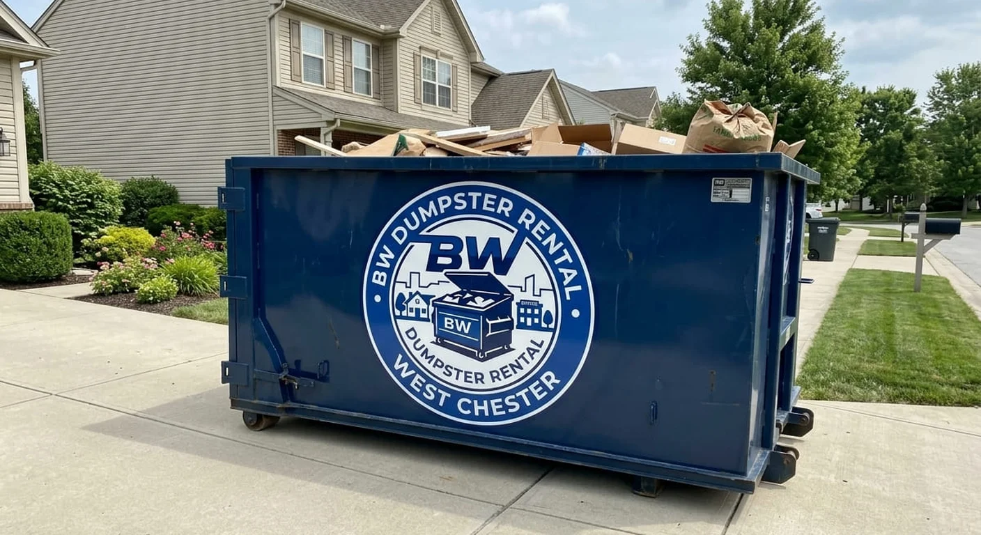 A BW Dumpster Rental West Chester blue roll-off dumpster staged on a residential driveway, filled with a home cleanout load