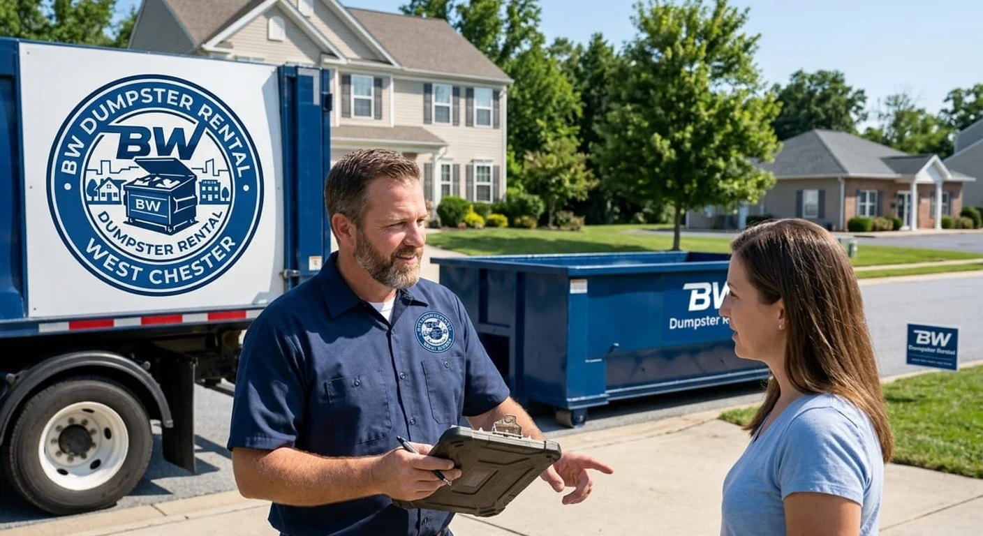 A BW Dumpster Rental West Chester driver reviewing details for a junk-removal job in Thornbury Township, PA