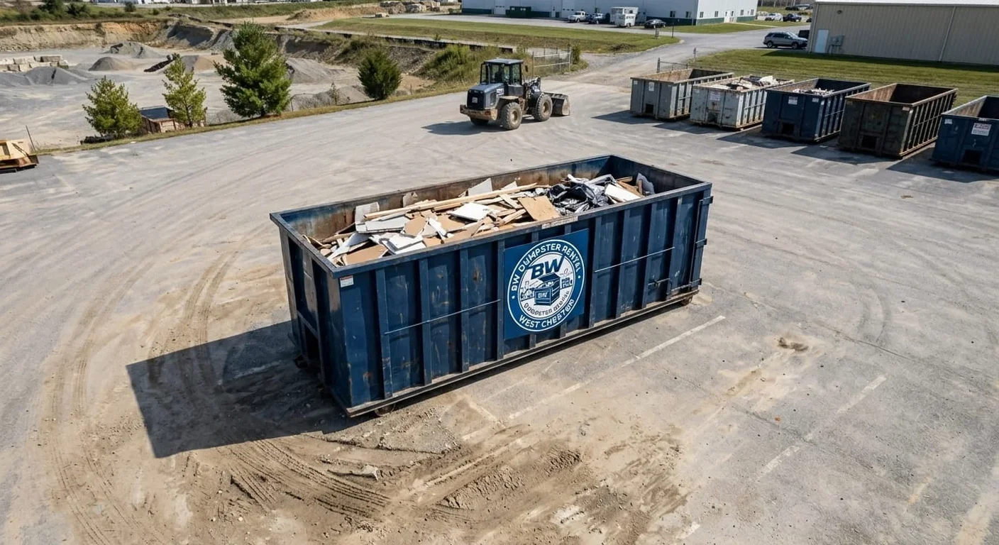 An empty BW Dumpster Rental West Chester blue roll-off container staged and ready for a project