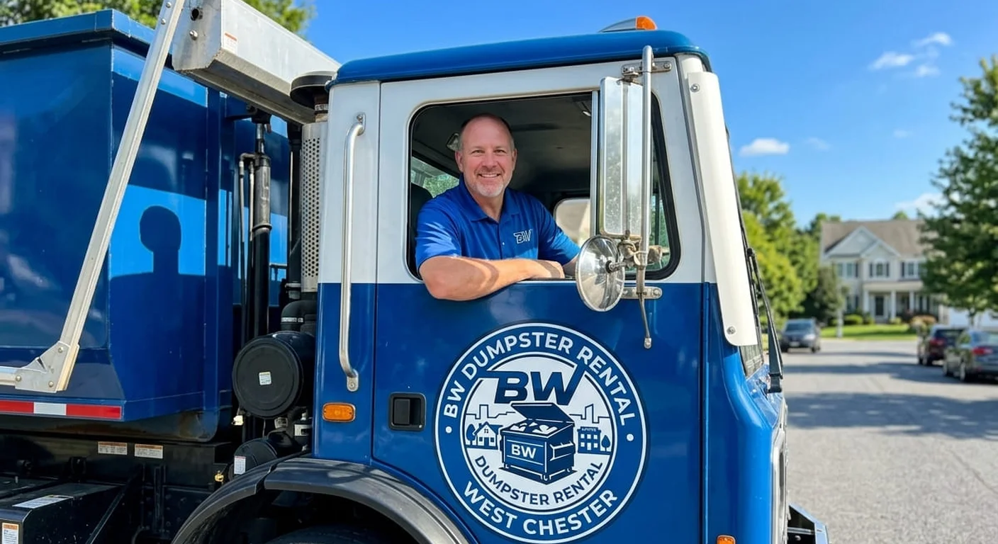 A BW Dumpster Rental West Chester driver smiling from the cab of a delivery truck, ready to head out for a same-day delivery