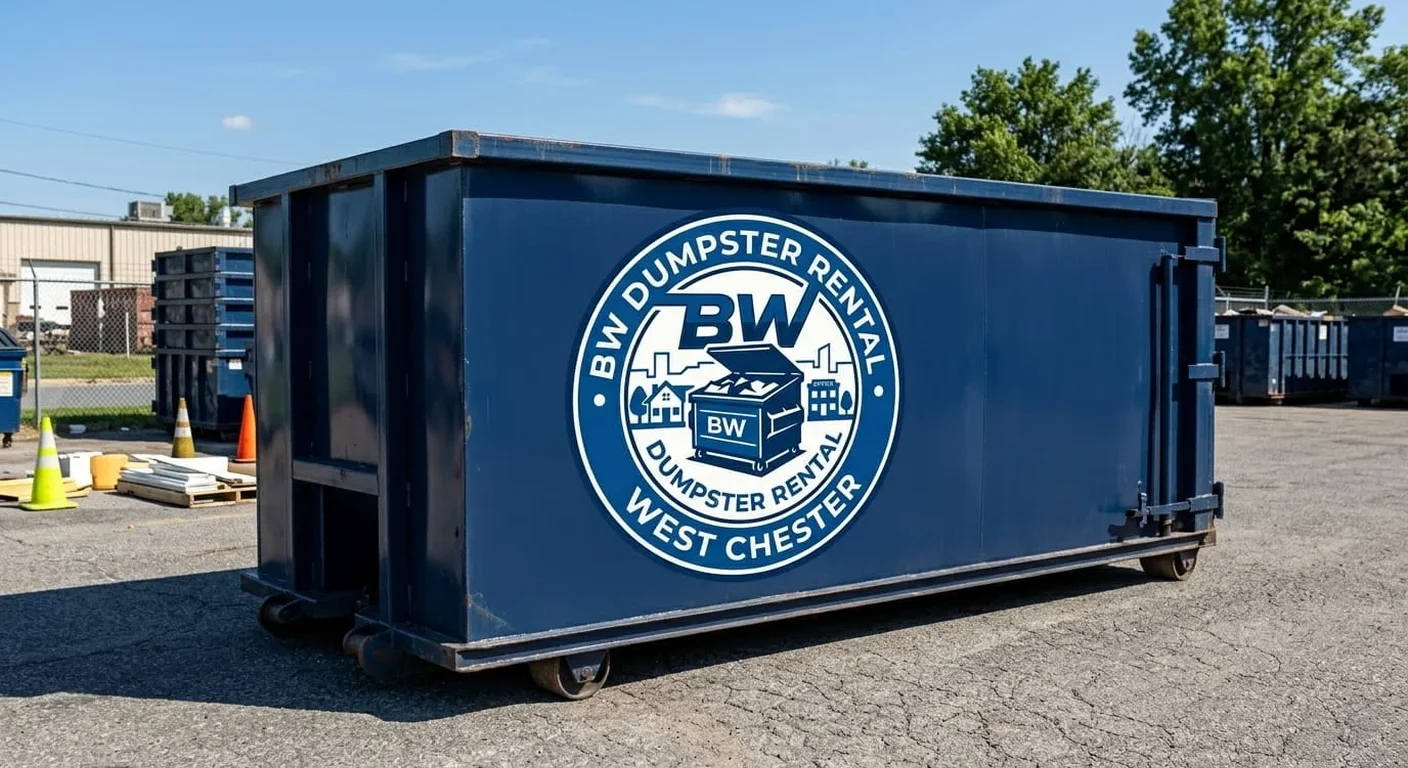 A BW Dumpster Rental West Chester dumpster staged on a driveway, ready for a yard-waste and storm-debris cleanup